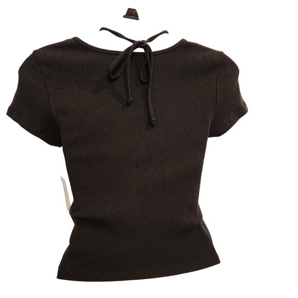 American Eagle AE Rib Knit Keyhole Tie-Front Tee T-Shirt Crop Top Black Medium - Picture 3 of 9